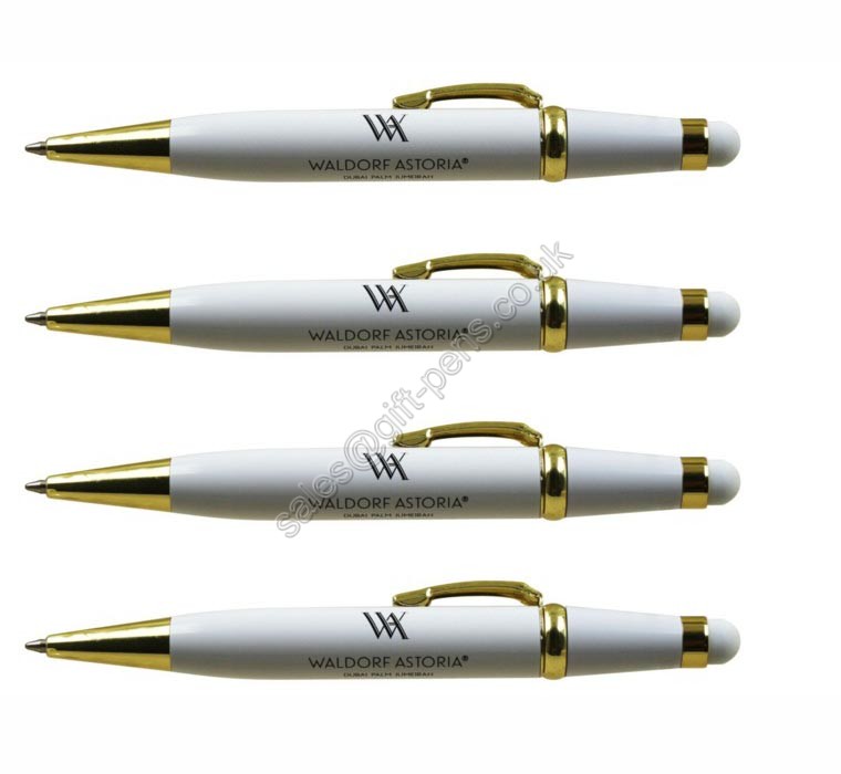 Waldorf hotel white metal pen,Waldorf hotel ballpoint pen with stylus touch tip