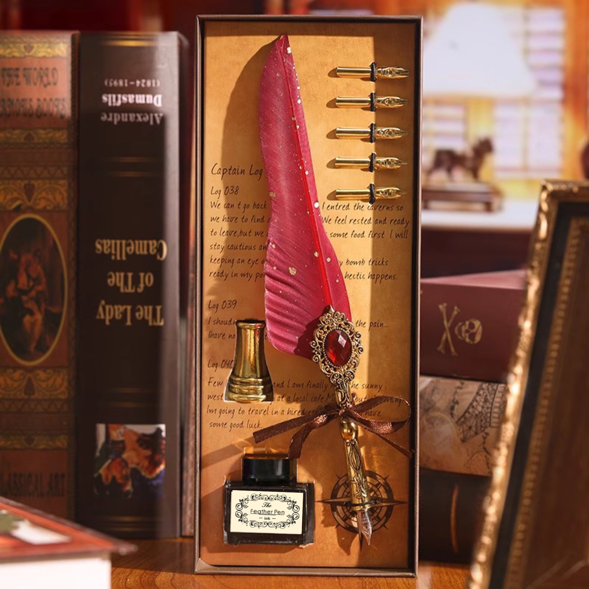 Antique Red Feather Pen Set Retro Quill Dip Pen