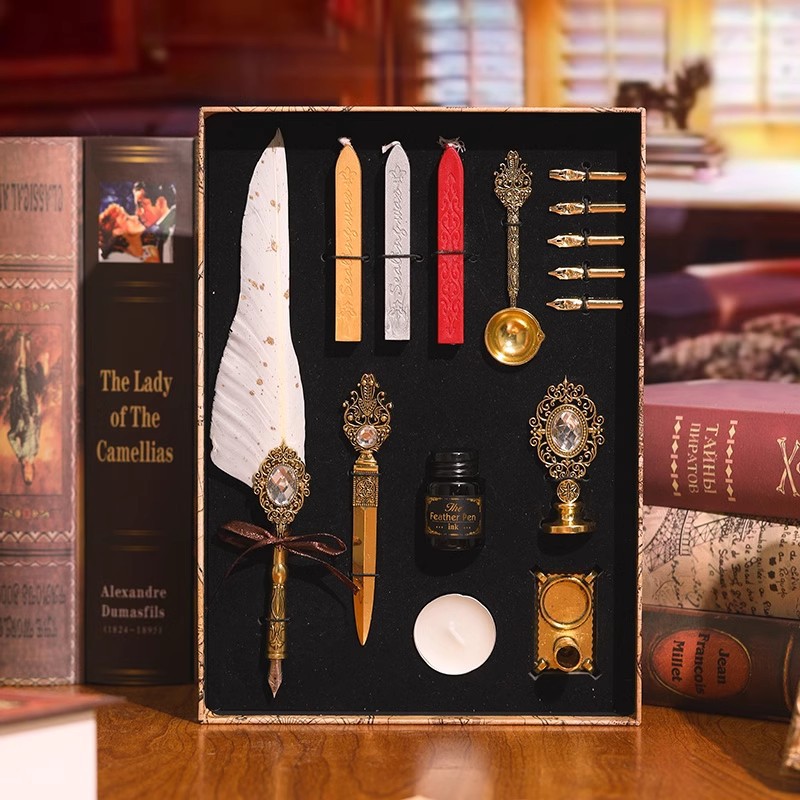 Vintage Feather Quill Dip Pen wax set