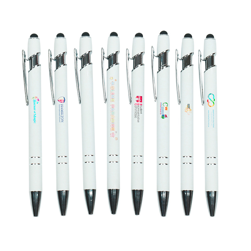Click white metal logo pen with touch head
